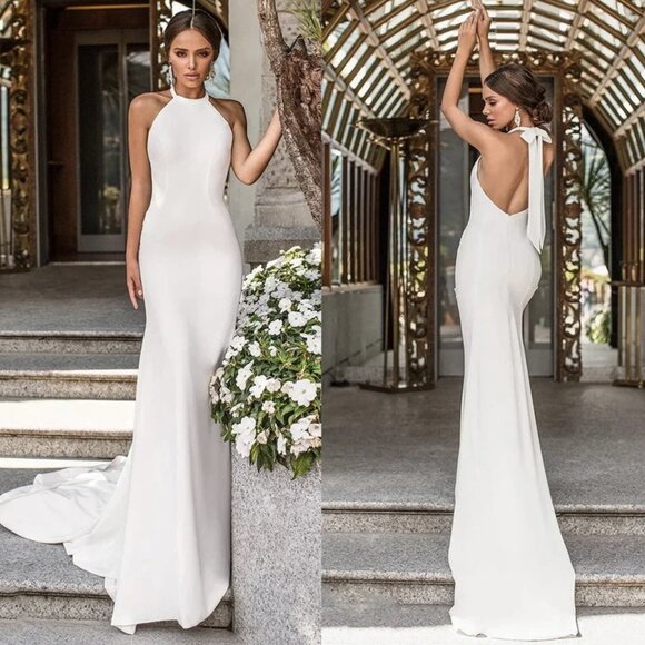 NWOT Elegant Boho Halter Wedding Dress with Sweep Train and Backless - Size 4 - Picture 1 of 6